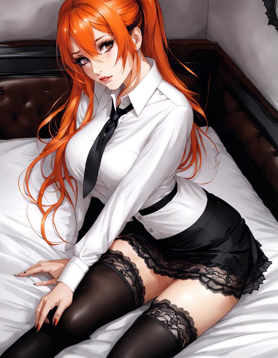 Orange-Haired Woman in Thighhighs Lying on Bed