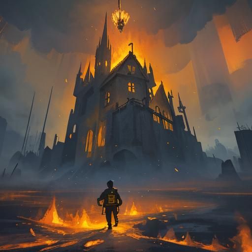 Man in Burning House: Cinematic Oil Painting