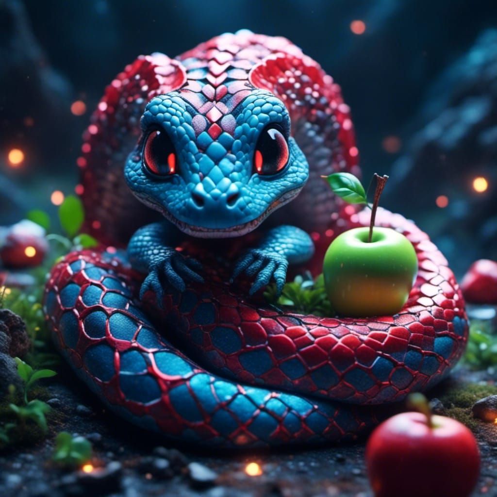Cute Snake Eating Apple in 3D Anime Art