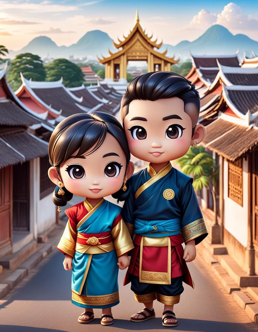 Chibi Laos Children in Vientiane Cityscape