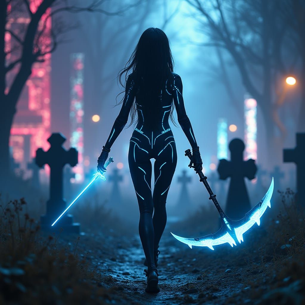 Cyberpunk Magical Girl with Glowing Scythe