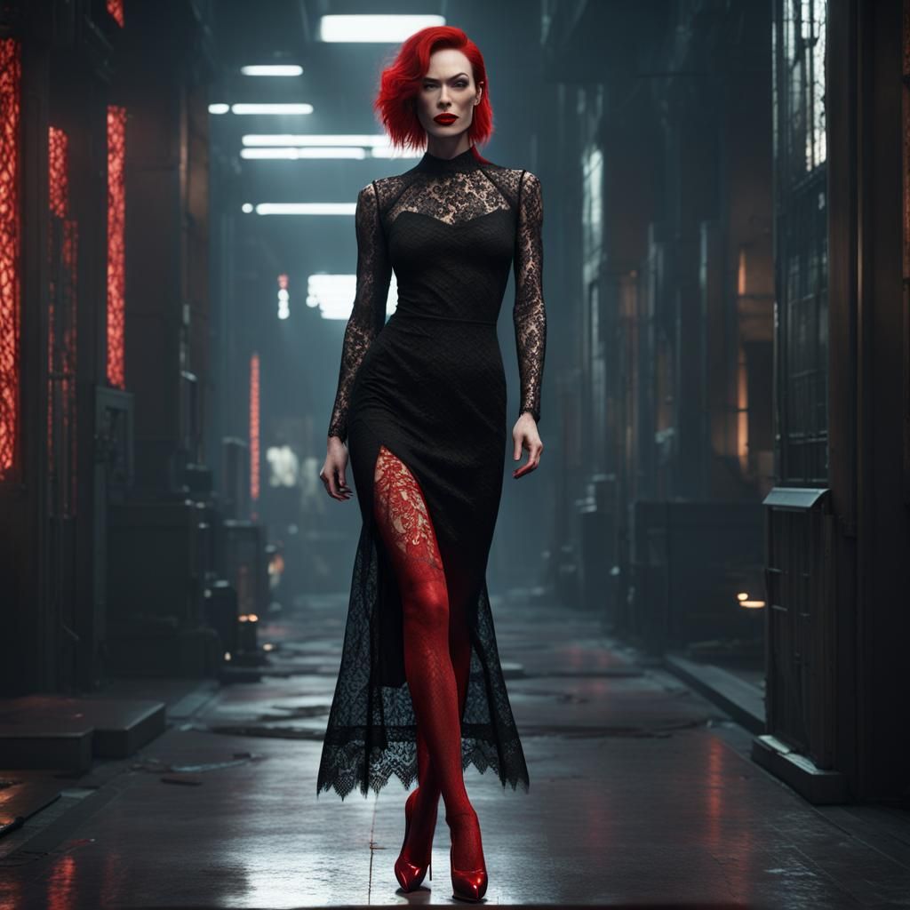 Red-Haired Girl in Cyberpunk Style Evening Dress