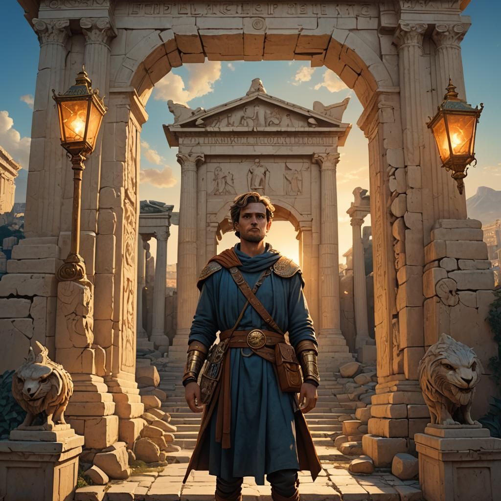 Traveler at Ancient Athens Gates with Mythical Creatures