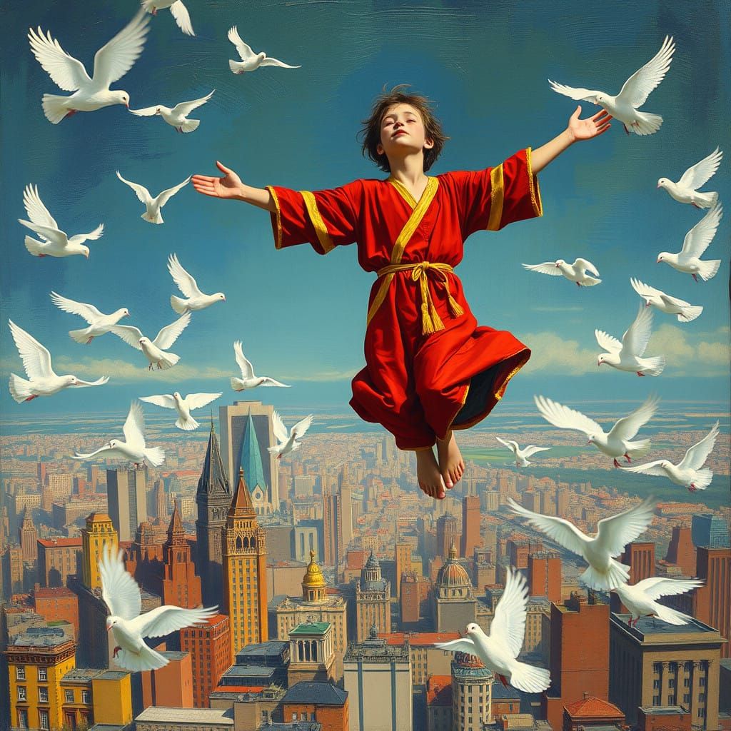 Youthful Figure Levitates Above City in Vibrant Crimson Robe