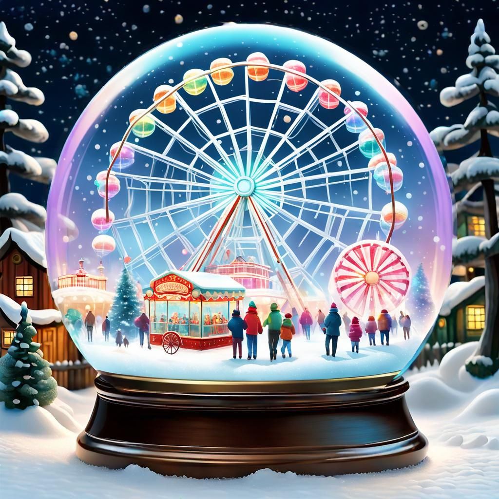 Encased in a snow globe, a whimsical winter carnival scene w...
