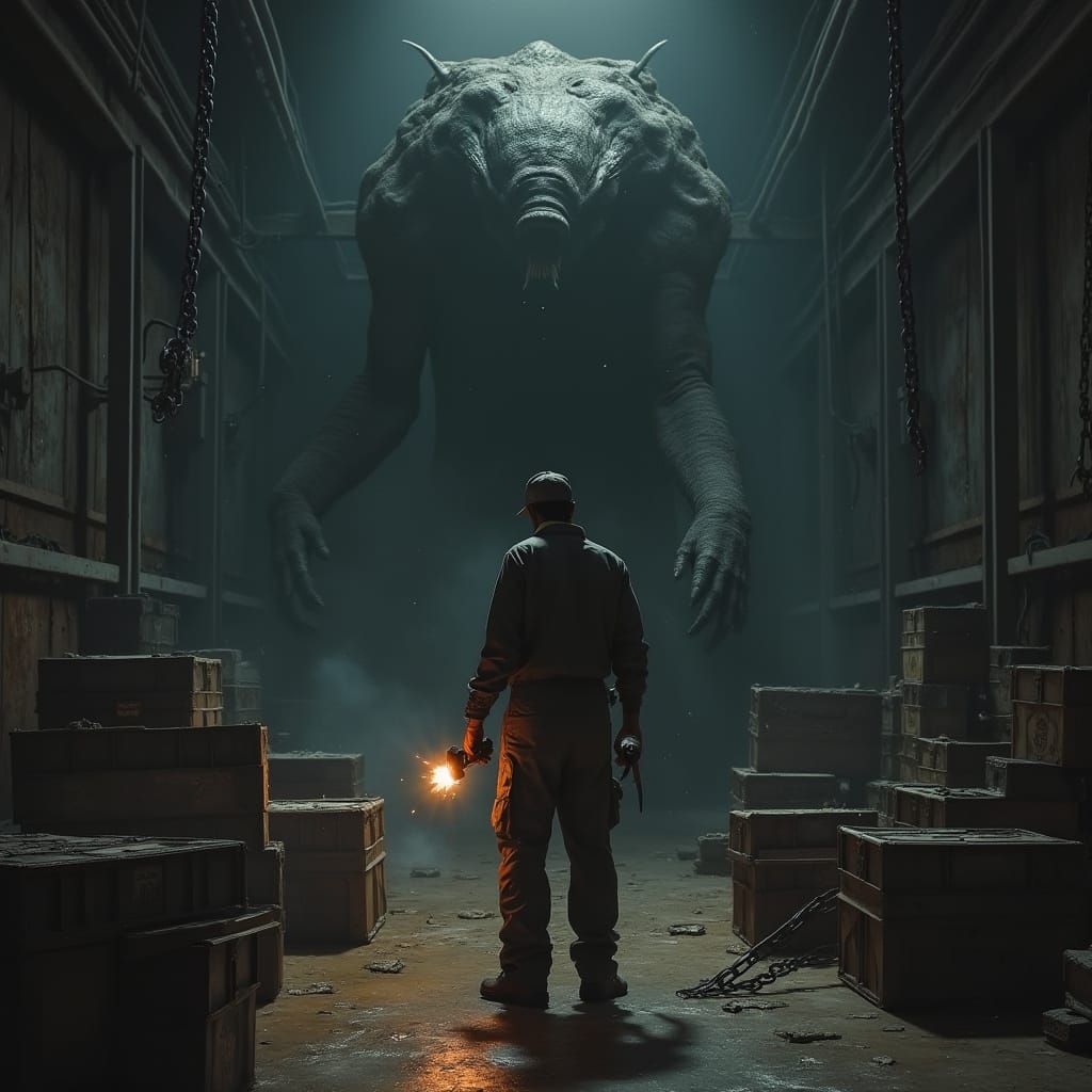 Man with Flamethrower in Dark Industrial Chamber