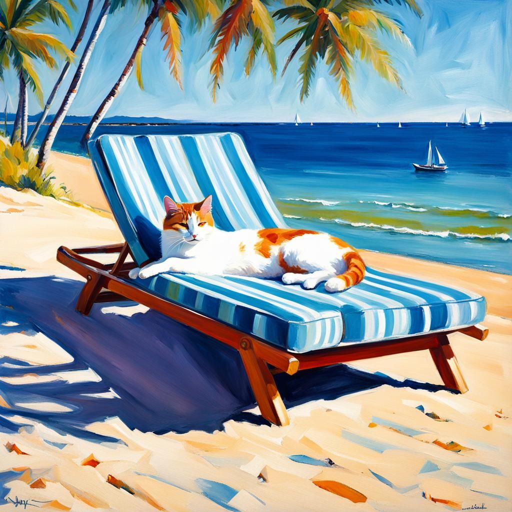 Cat on Chaise Longue: Impressionistic Beach Scene