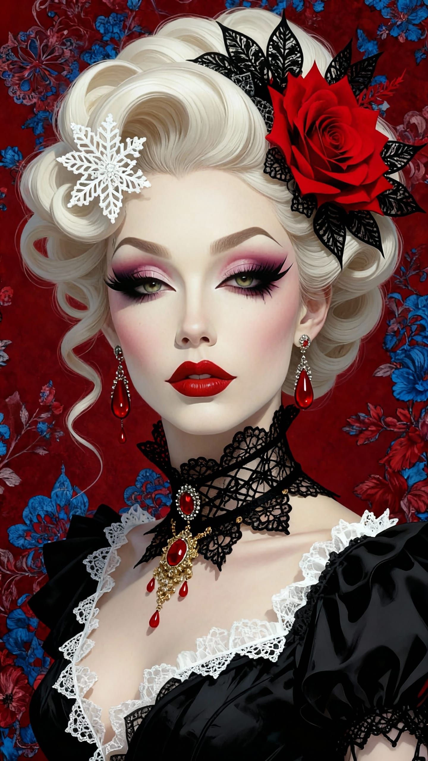 Gothic Womanhood with Laces, Jewels, and Flowers