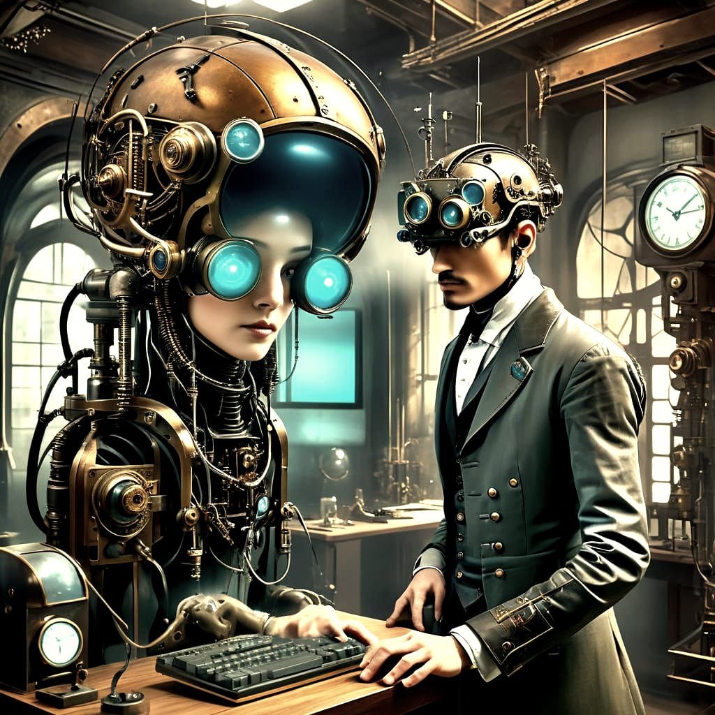 Dream Curator in Bioluminescent Steampunk Lab