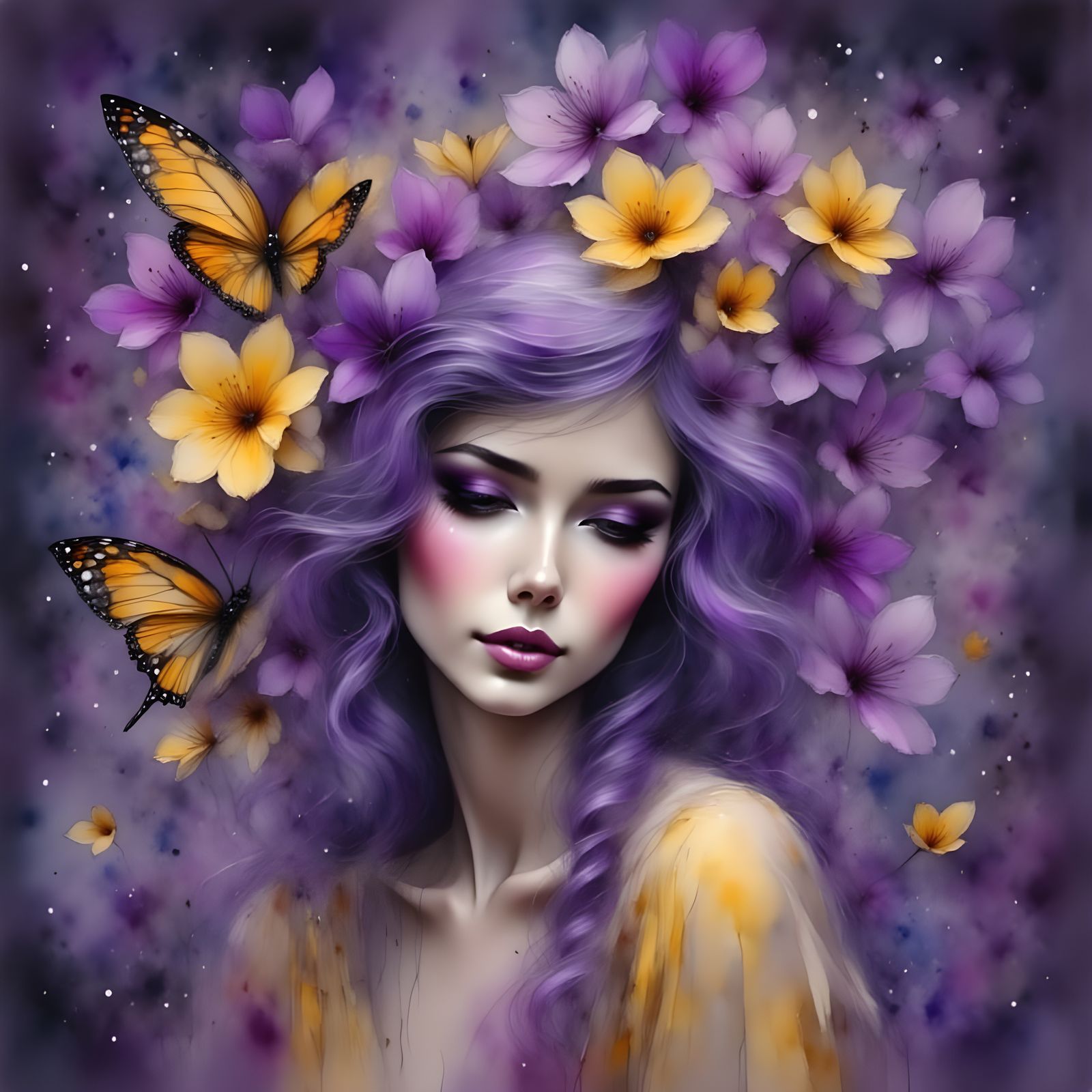 Ethereal Woman in Purple and Yellow Ink Wash