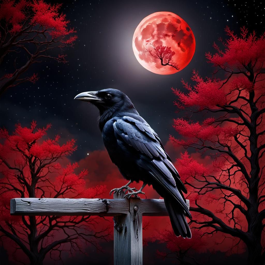 Crow on Cross Under Red Moon at Night