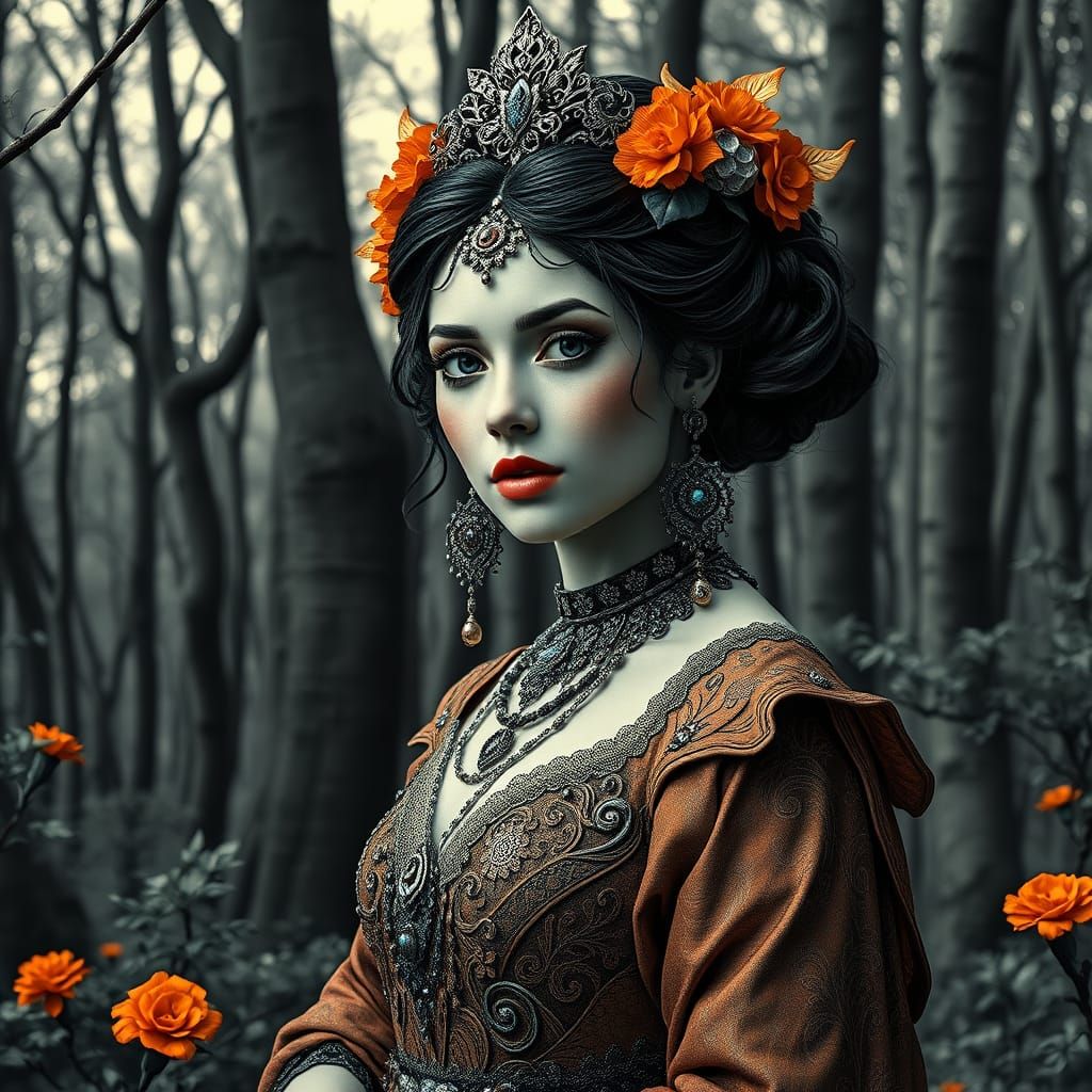 Woman in Ornate Attire: Woodcut Print in Black and White