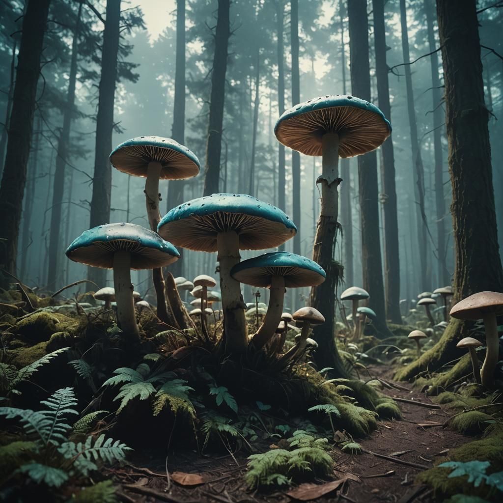 Glowing Mushrooms in Misty Forest: Cinematic Film Still
