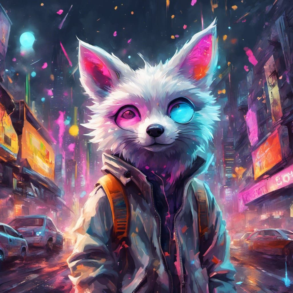 Cyberpunk Arctic Fox in Neon City Graffiti Art