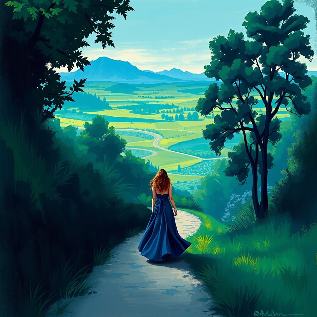 Woman on Winding Path to Dreamlike Landscape