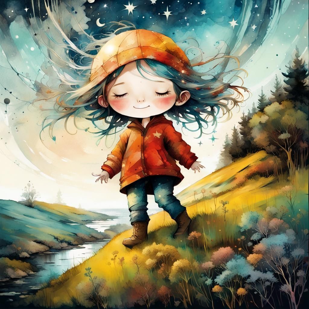 Windy Moonlight Girl: Digital Illustration Dreamscape