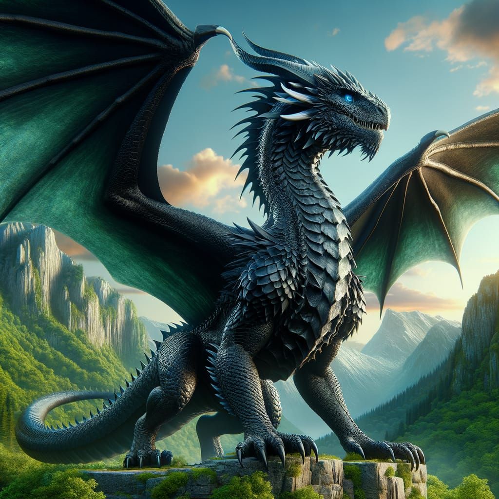 Majestic Obsidian Dragon Roaring on Mountain Cliff