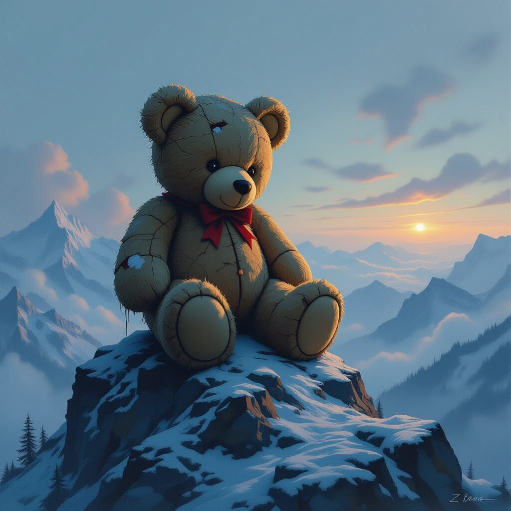 Giant Ancient Teddy Bear on Mountain Peak