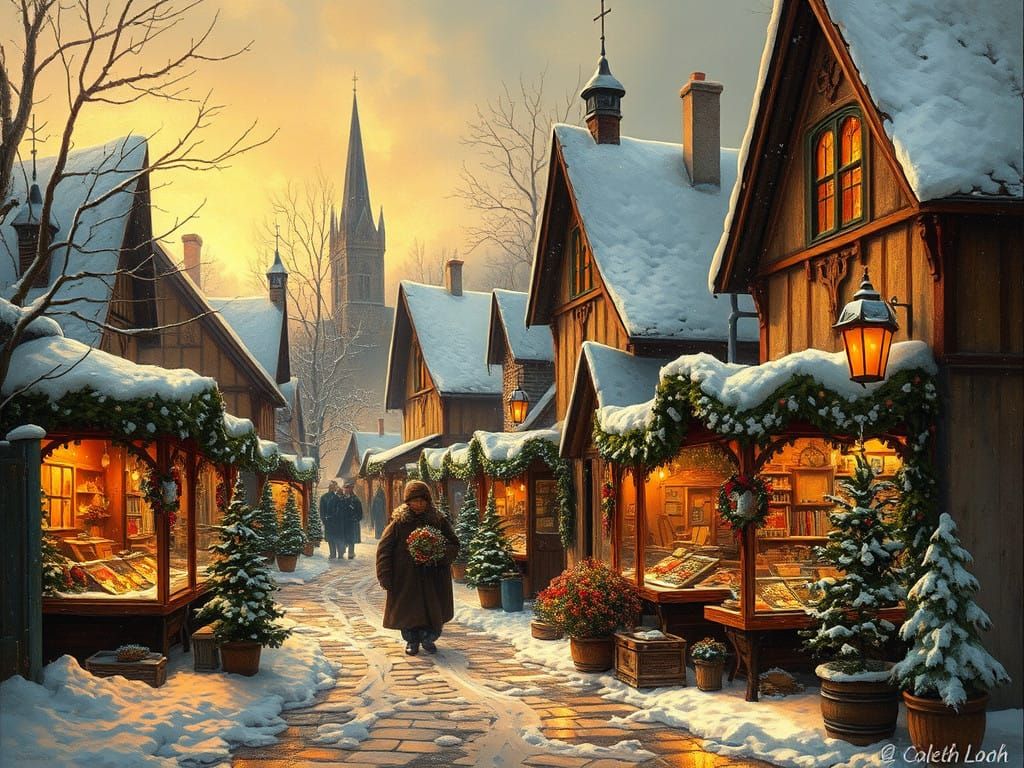 Vibrant 19th Century Christmas Market in Oil Painting Style
