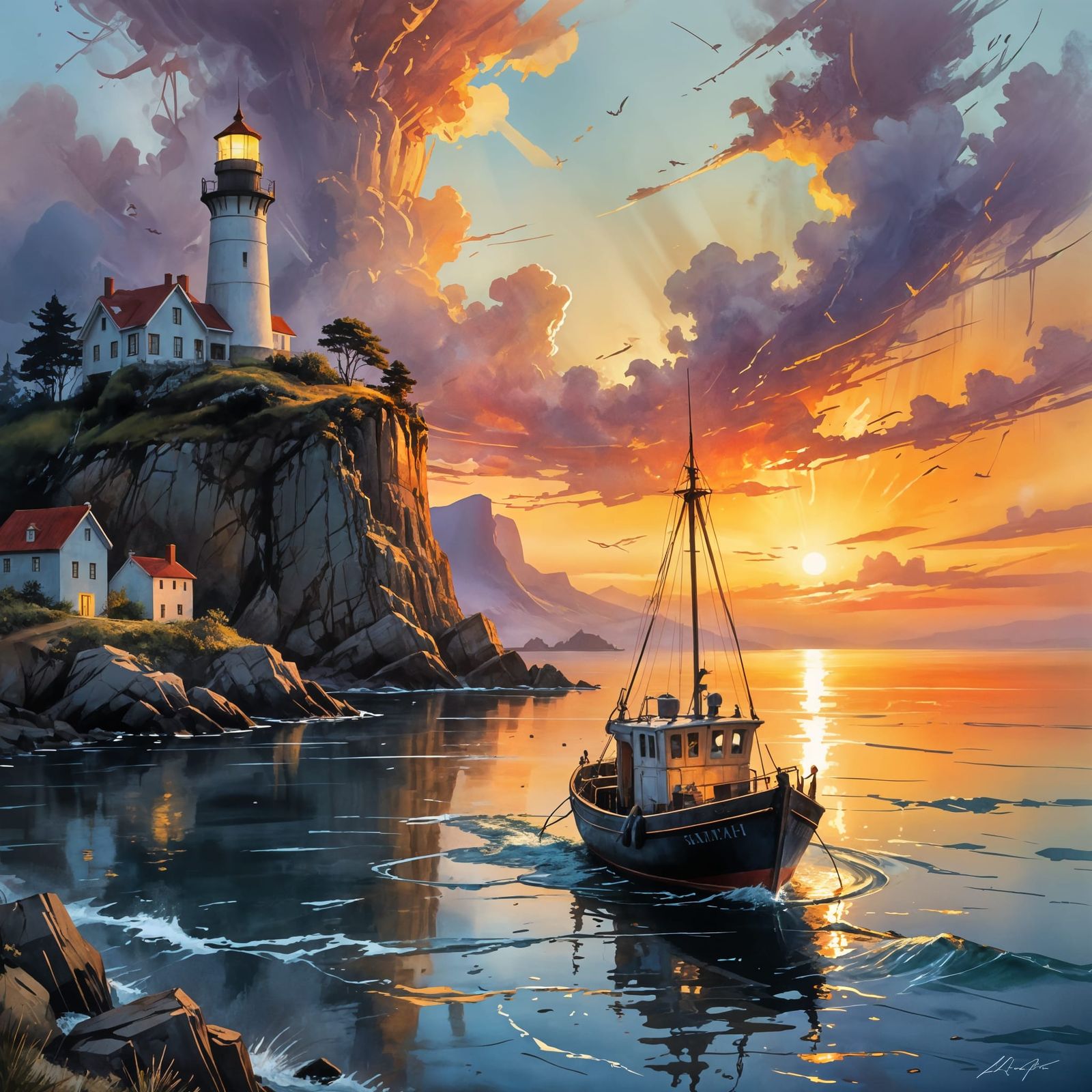 Coastal Fishing Town at Sunset in Romantic Style