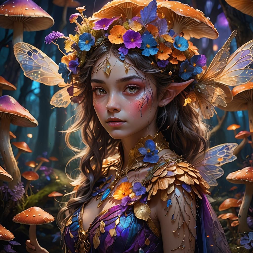 Luminescent Mushroom Fairy Portrait in Art Nouveau Style