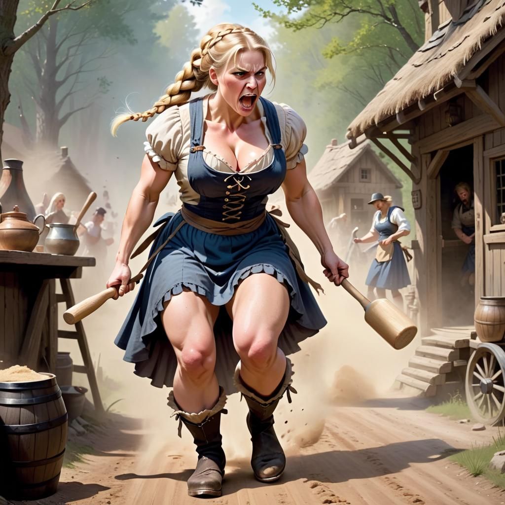 Giant Tavern Woman Beats Bandit on Fantasy Trail