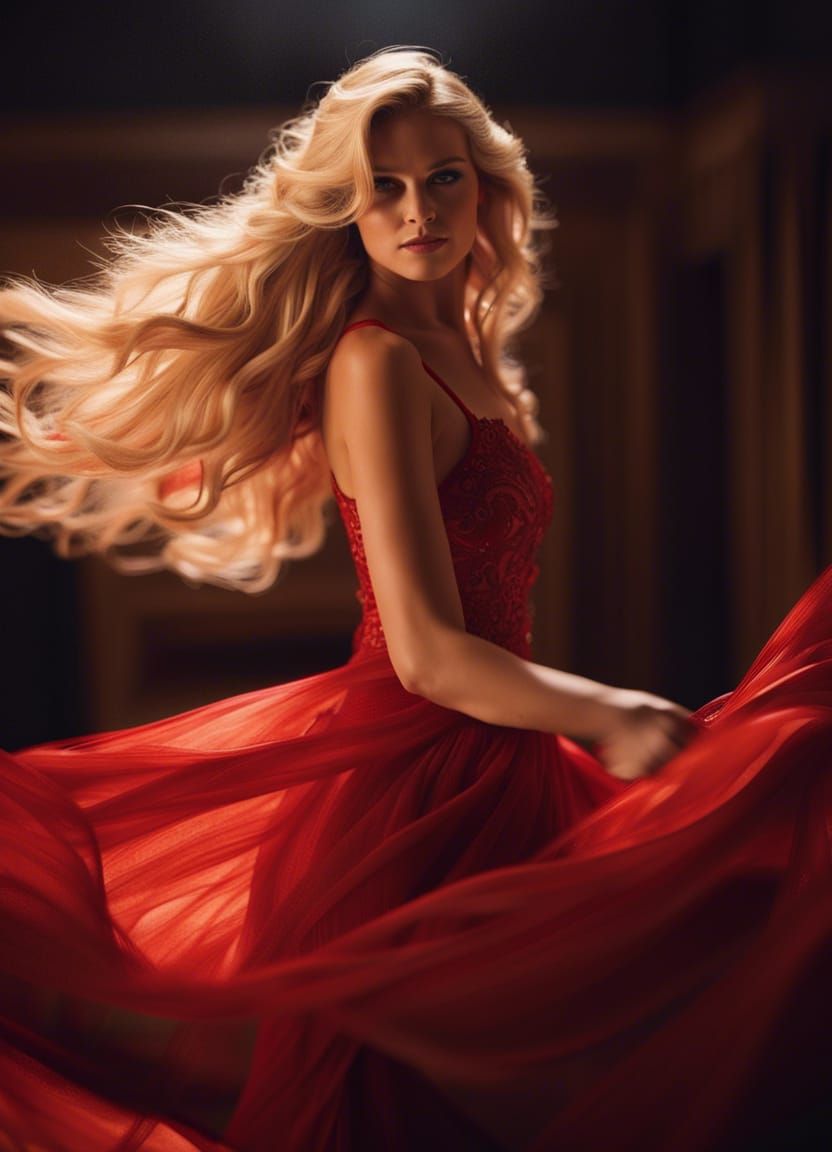 Blonde Student Twirling in a Red Evening Gown