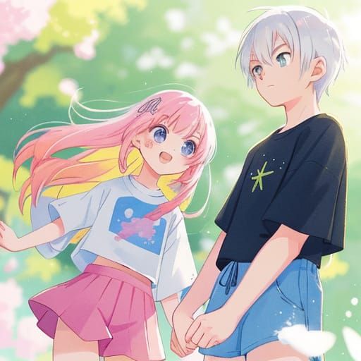 Teen Couple in Vibrant Pastel Colors, Anime Style