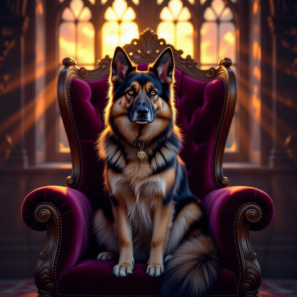 Whimsical German Shepherd-Cat Hybrid on Throne
