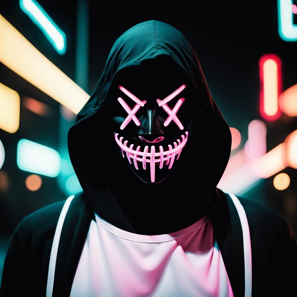 Masked Figure with Neon Smile in the Night