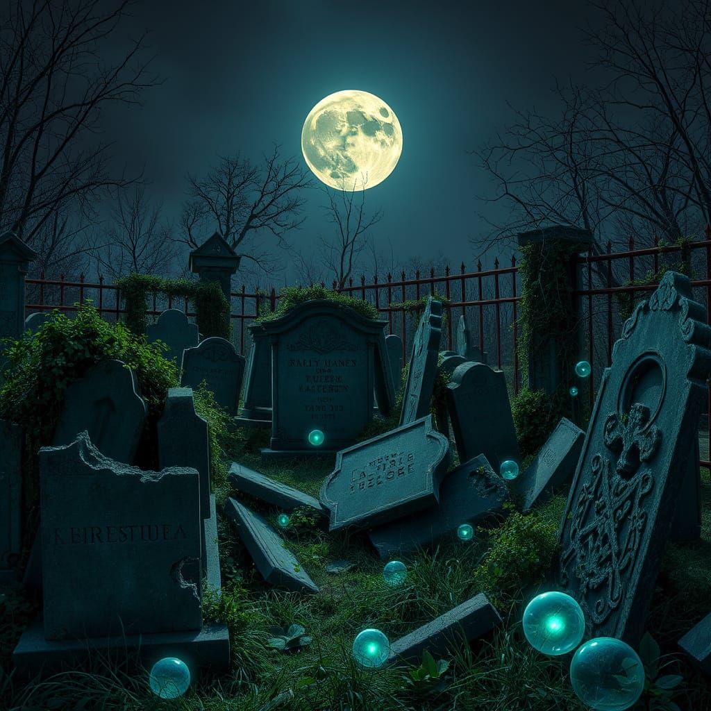 Ethereal Moonlit Cemetery with Overgrown Vegetation