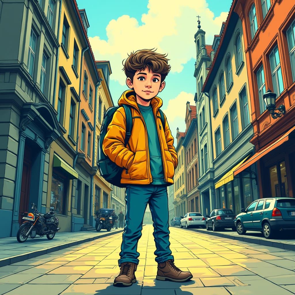 Vibrant Prague Street Scene in Comic Book Style
