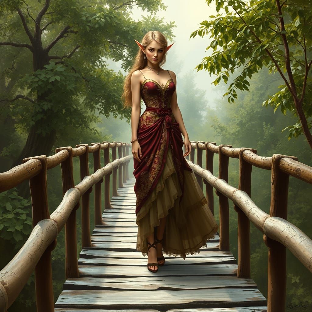 Elf on Garden Bridge in Old Master Style