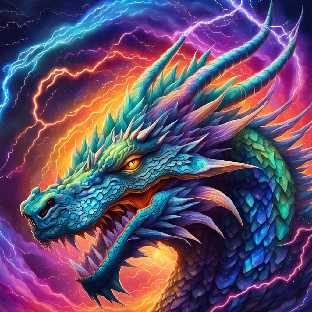 Rainbow Dragon Hit by Lightning: Cosmic Illustration