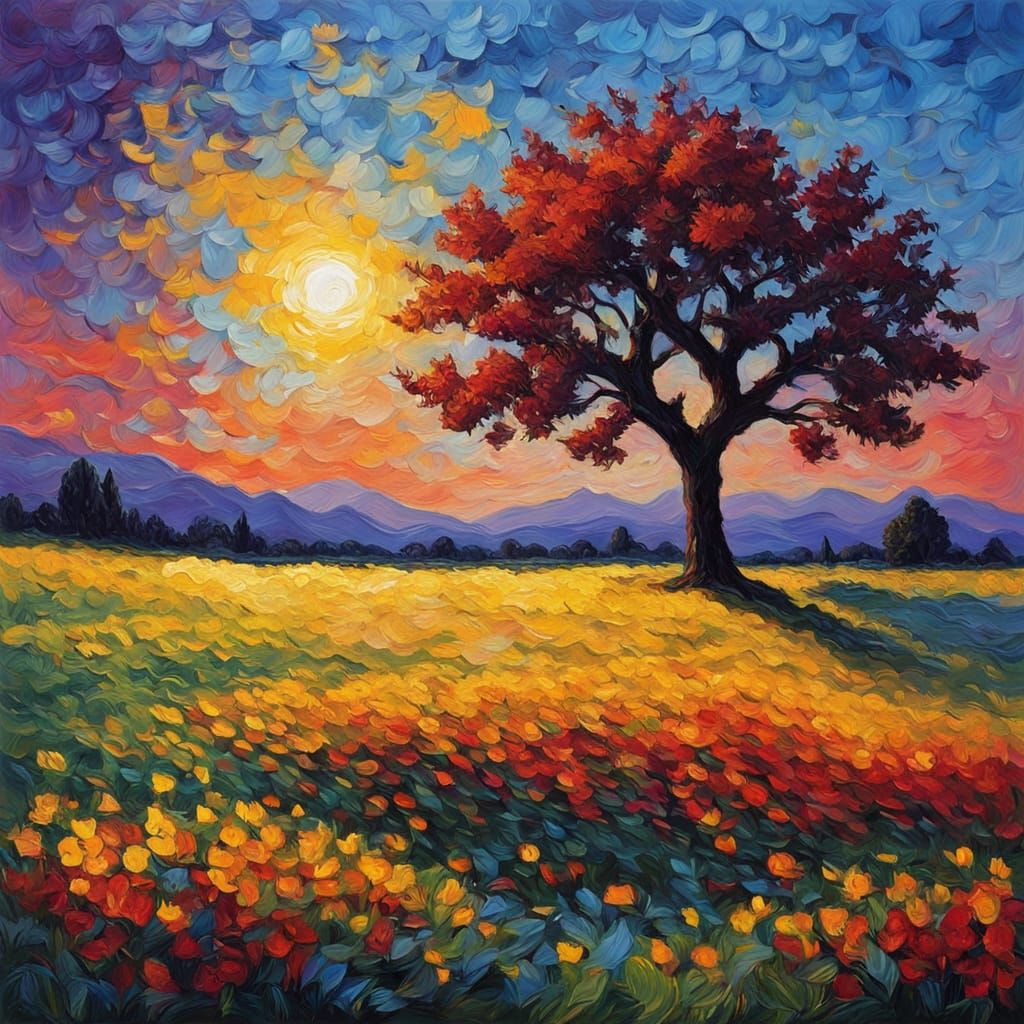 Vibrant Impasto Meadow Under Swirling Colorful Sky