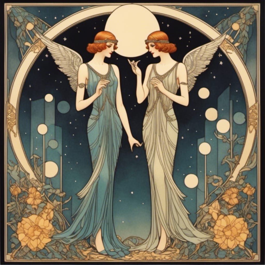 Gemini Twins in Moonlight: Art Deco Zodiac