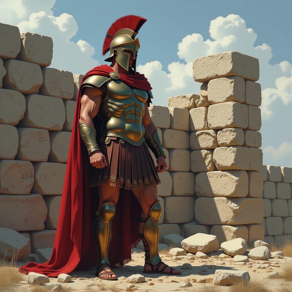 Ancient Greek Warrior at Stone Wall, Detailed Illustration