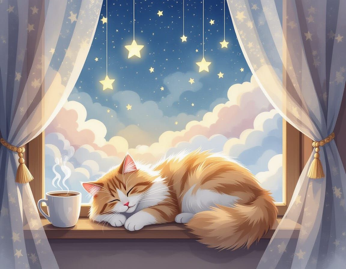 Dreamy Coffee Shop with Sleeping Cat in Watercolor Style