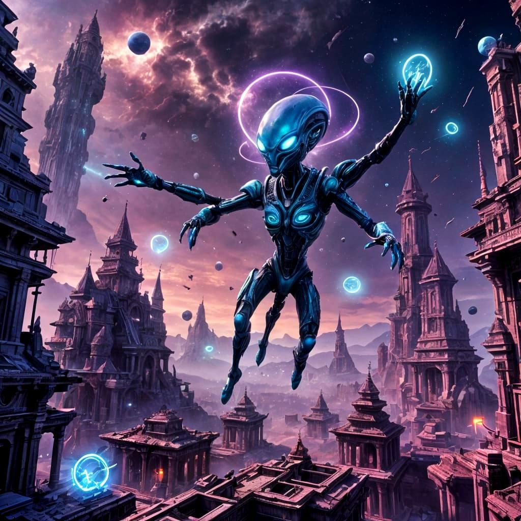 Neon Alien Flight Over Purple Ruins