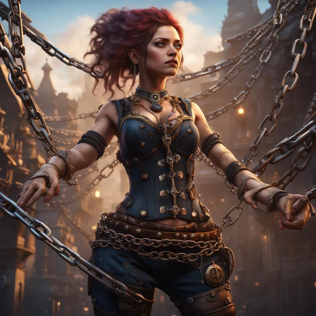 Steampunk Girl in Chains: Detailed Matte Painting