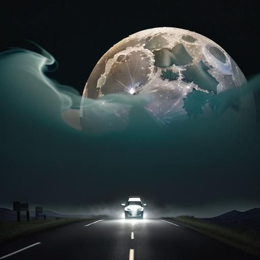 The road stretched long, the moon hung pale,
A weary driver,...