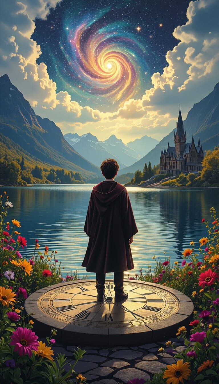 Harry Potter by Lake with Sundial in Surreal Style