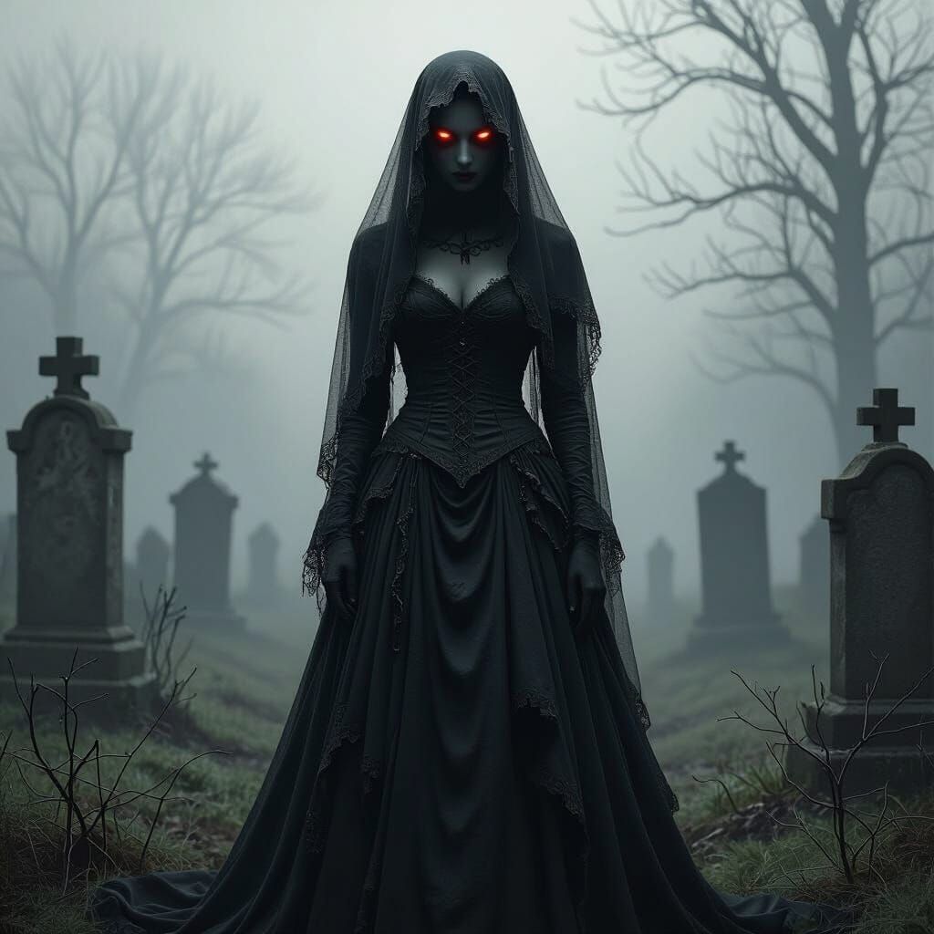 Eerie Spectral Bride in Graveyard, Dark Fantasy Art