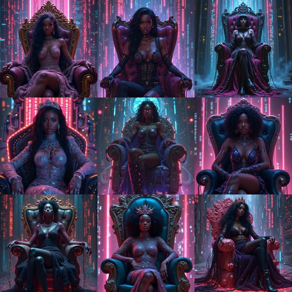 Cyberpunk Queen on Circuit Throne: Digital Renaissance