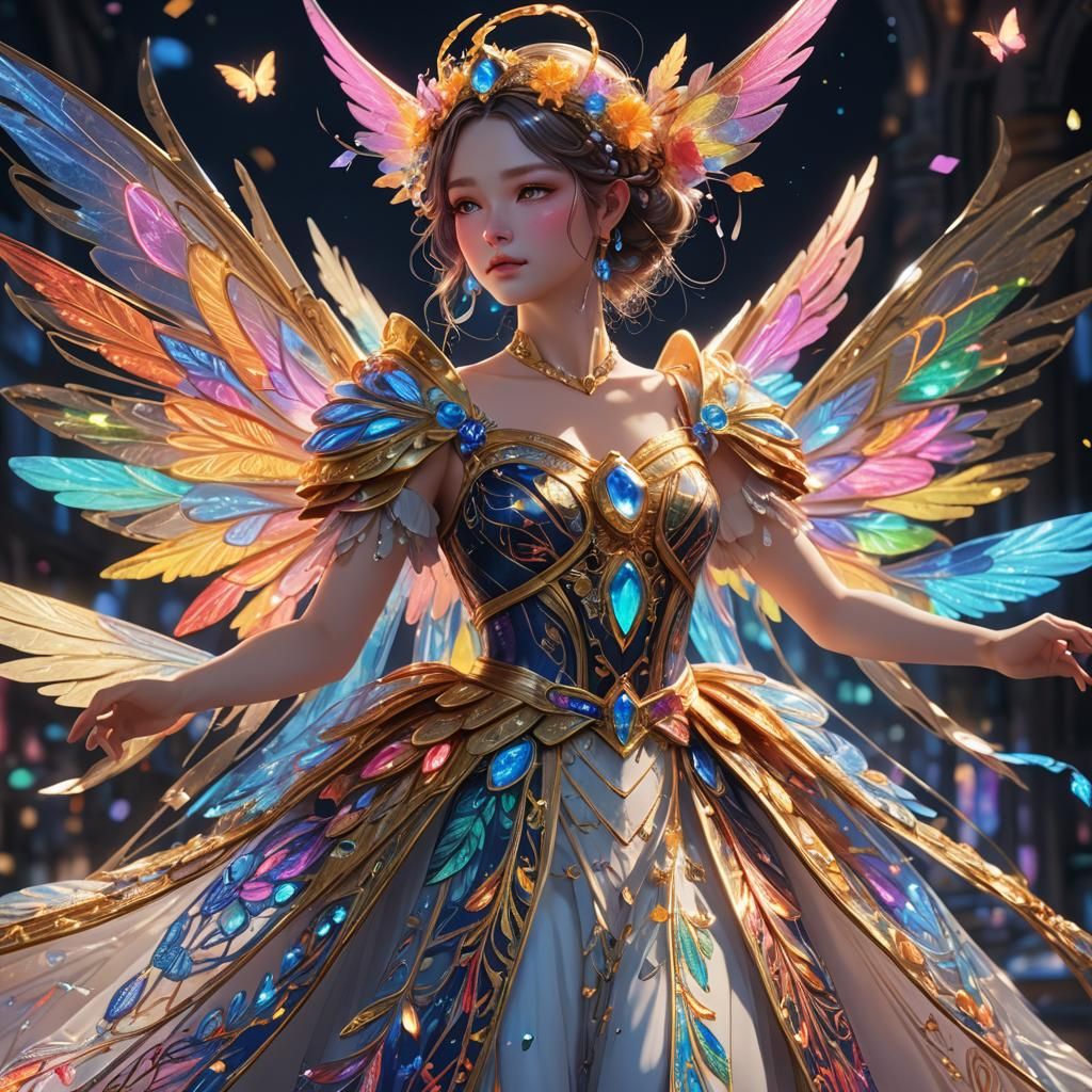 queen of rainbow fairy wearing a luxurious greek gown that covers in neon glowing embroidery