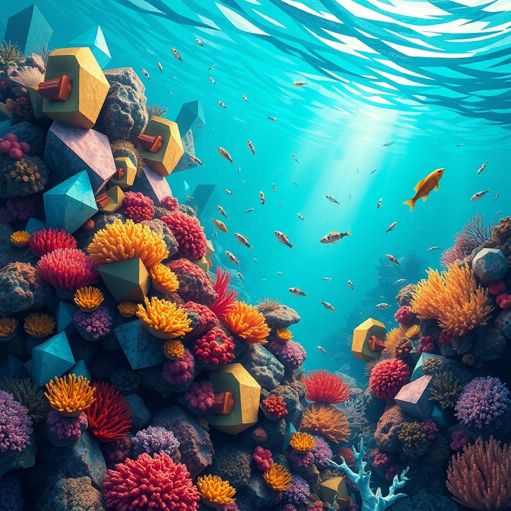 Vibrant Coral Reef with Cubist and Art Deco Elements