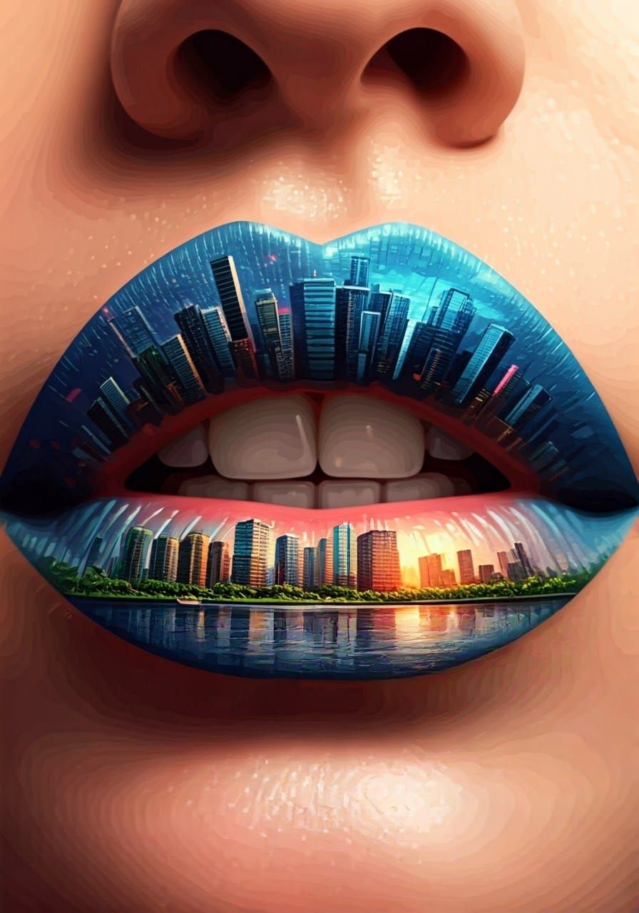 Woman's Lips with Intricate City Skylines in Realistic Detai...