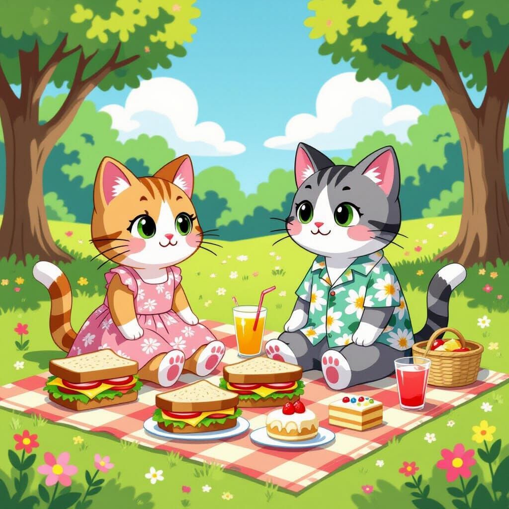 Cartoon Cats' Picnic in Summer Park