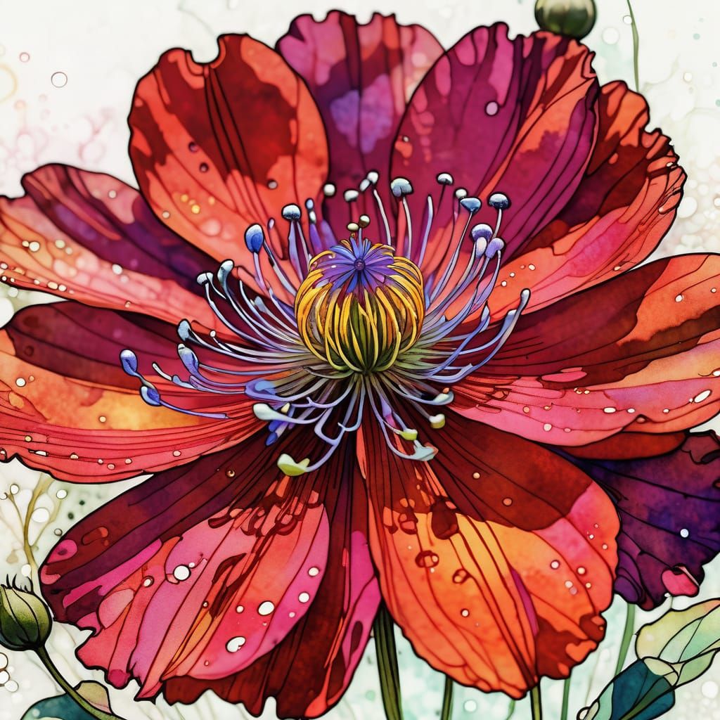Vibrant Wildflower Blooms in Liquid Ink Watercolour