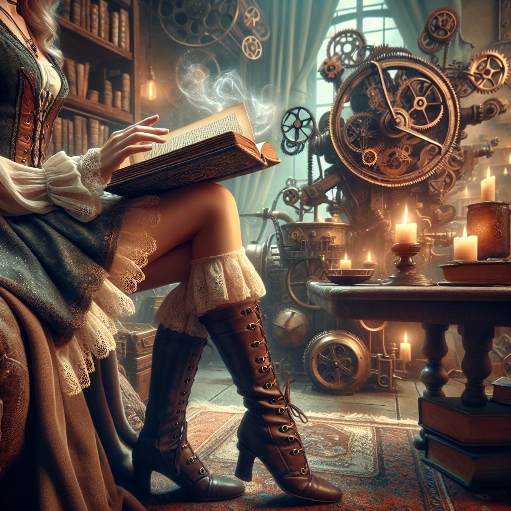 Steampunk Mage Reading Levitating Book in Cosy Setting